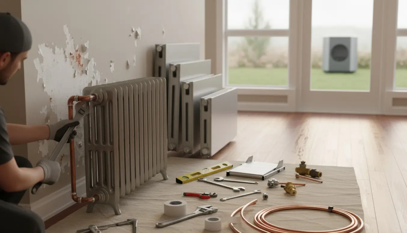 Tekniker vedrører gamle radiatorer i et lyst hjem mens nye, mere effektive radiatorer og værktøj er klar til montering.