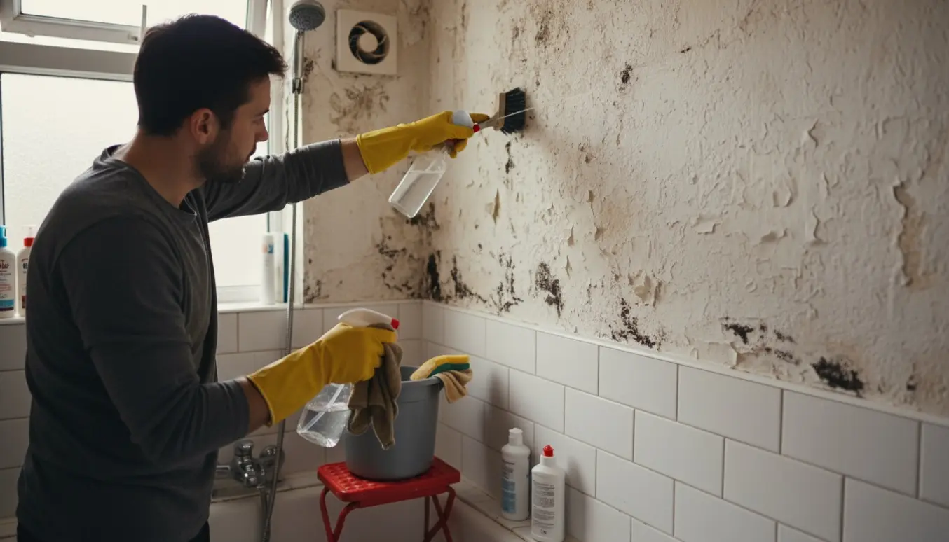 Ryggen af en person med handsker, der renser skimmelsvamp fra toppen af en ru væg i et lille badeværelse.