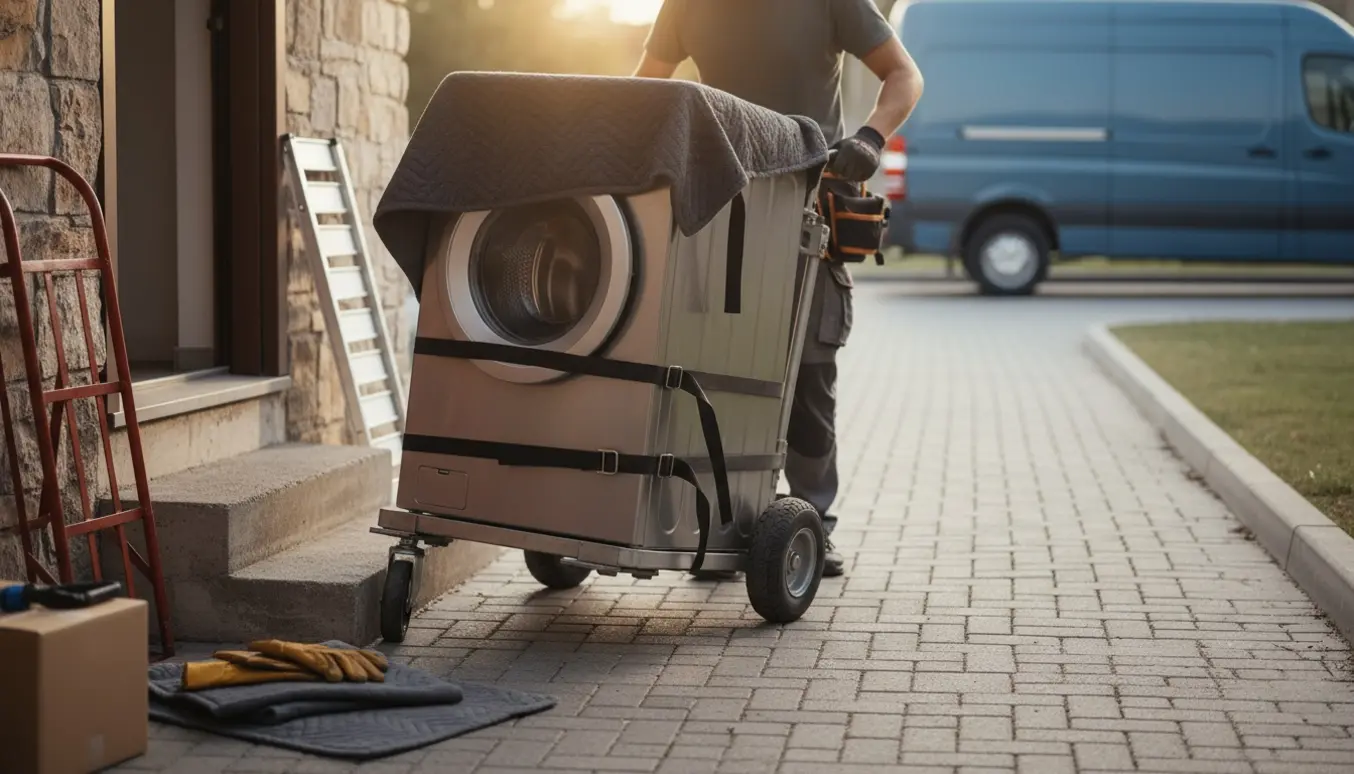Vaskemaskine på flyttevogn bæres ud af en kældertrappe mod fortovet.