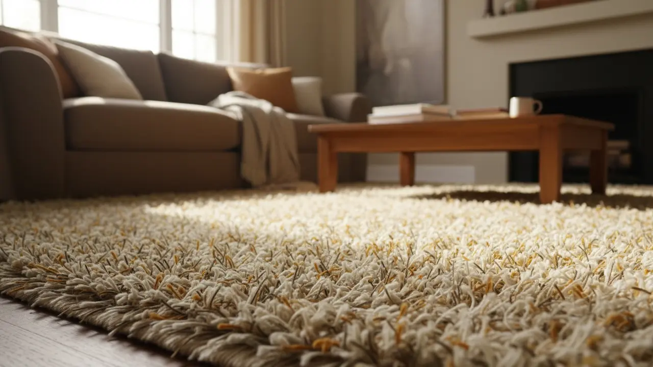 Luksuriøst langhåret tæppe tæt på med synlig blød, lang luv i en hyggelig stue.