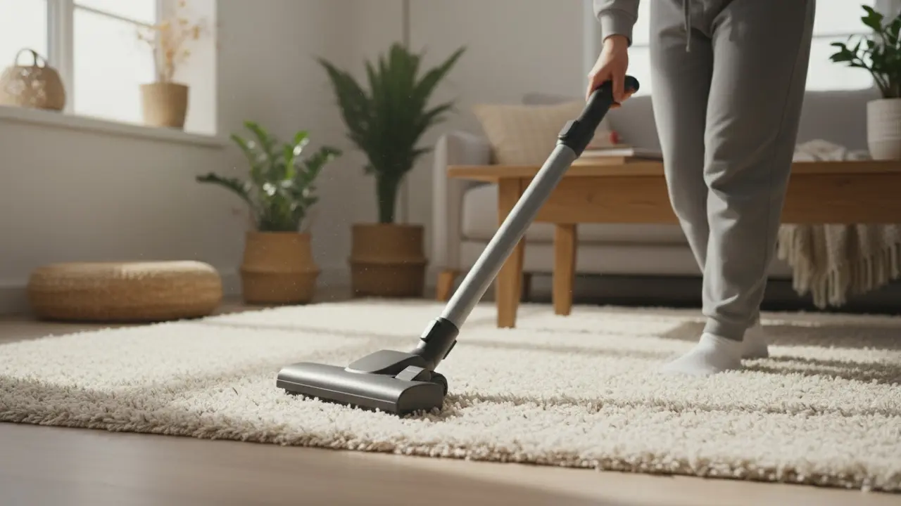 Person støvsuger et langhåret tæppe med lange, rolige strøg i fiberretningen.