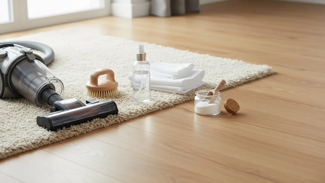 Udvalg af nødvendigt udstyr: støvsuger med blød dyse, naturhårsbørste, mikrofiberklude og sprayflaske.