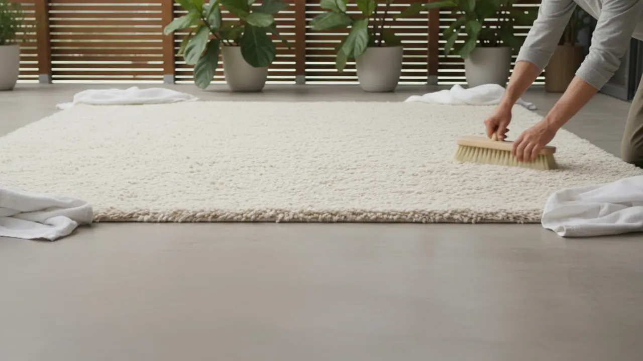 Langtæppe tørres fladt i skygge på rent underlag med håndglatning af fibrene.