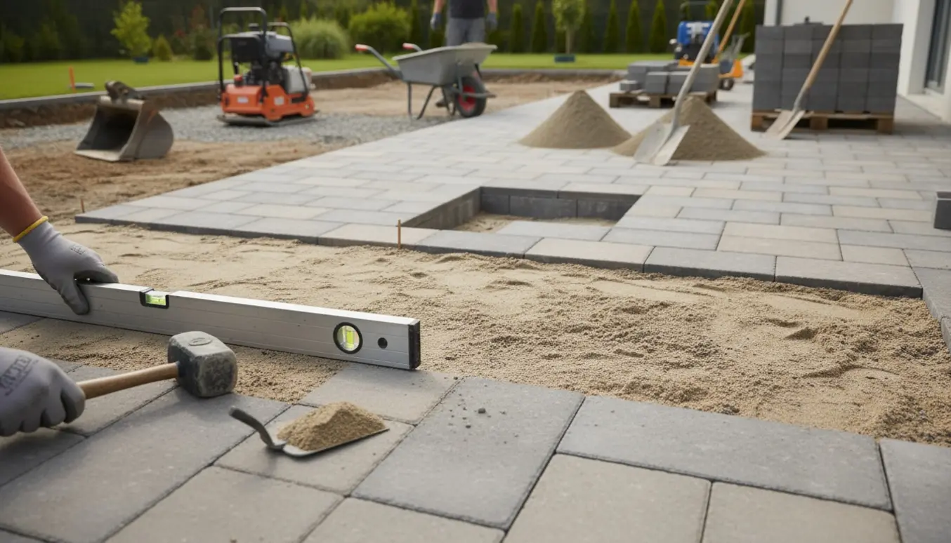 Detaljebillede af fliselægning med hænder, sand, grus og en udgravet indkørsel i baggrunden.