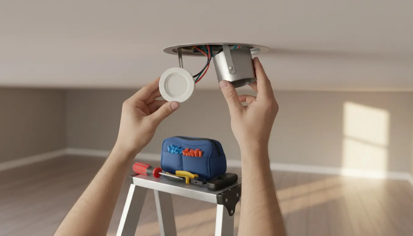 Hænder på en stige skifter en blinkende indbygnings-spot med en ny LED-pære i et lyst stueinteriør.