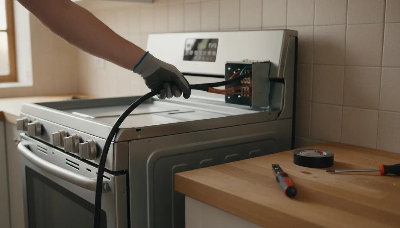 Handskede hænder fører komfurets tykke strømledning ind i en grå koblingsboks bag et rustfrit komfur.