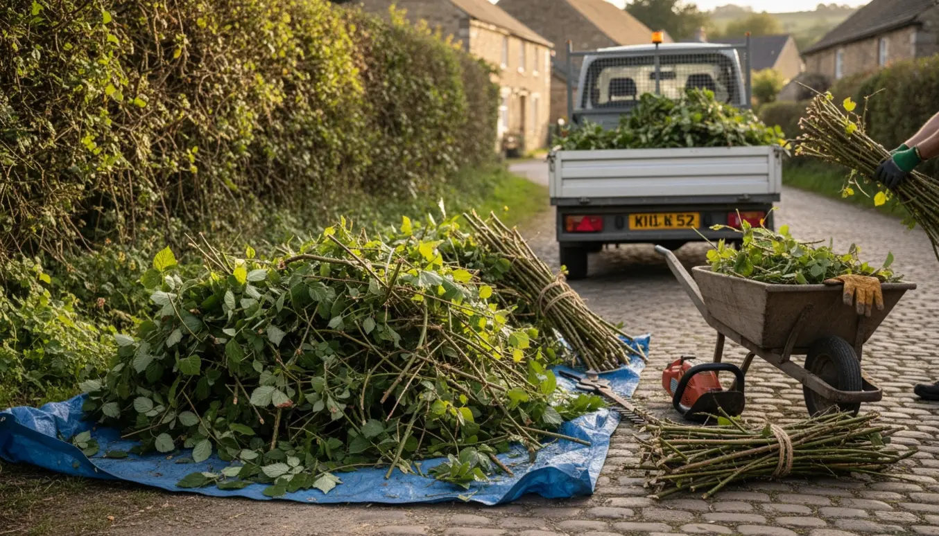 Trailer fyldt med nyslået brombær- og haveaffald, mens handsker læsser grene ved vejkanten.