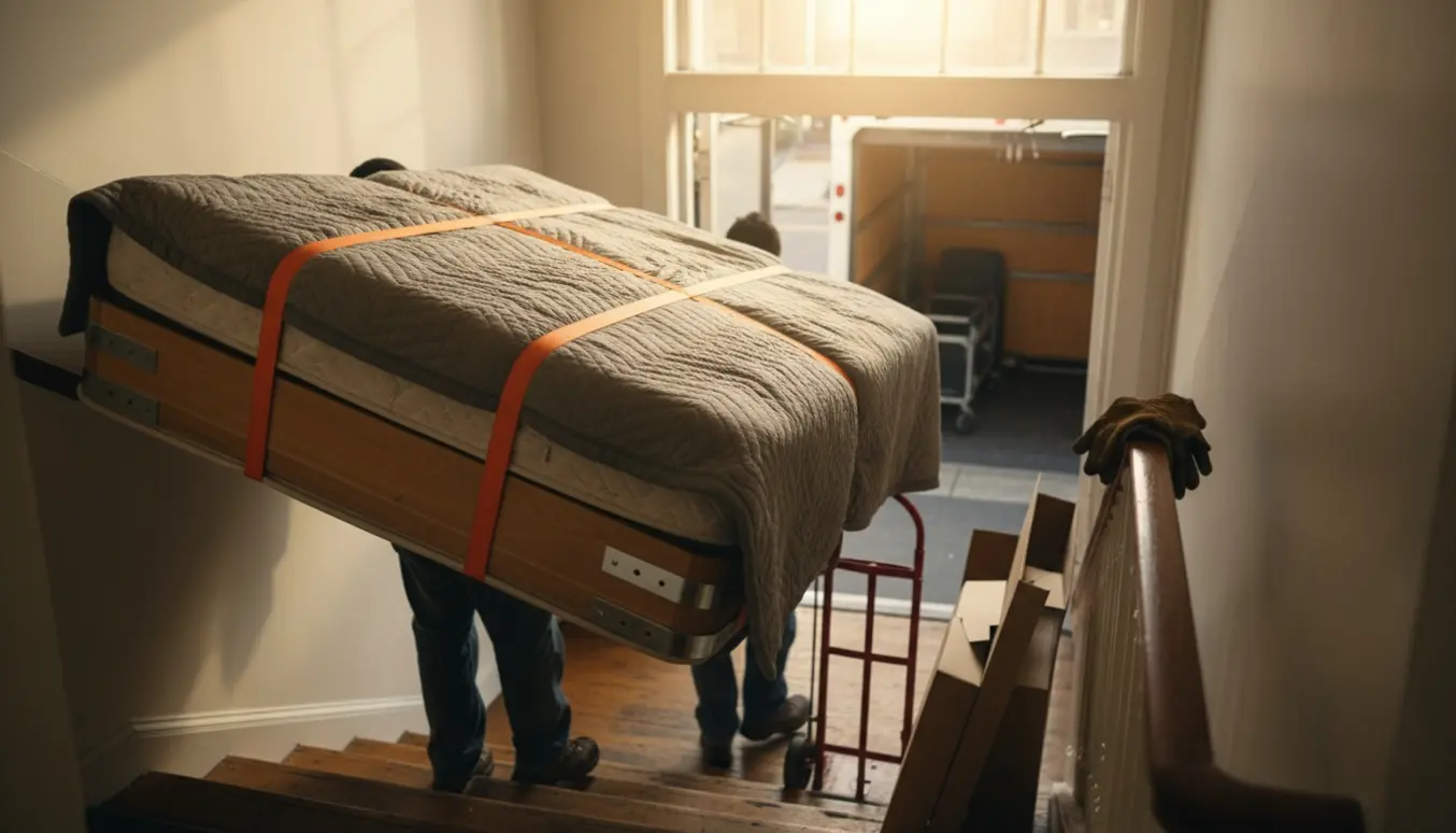 To flyttemænd bærer en madras og sammenklappet sengeramme gennem en opgang mod en åben flyttevogn.