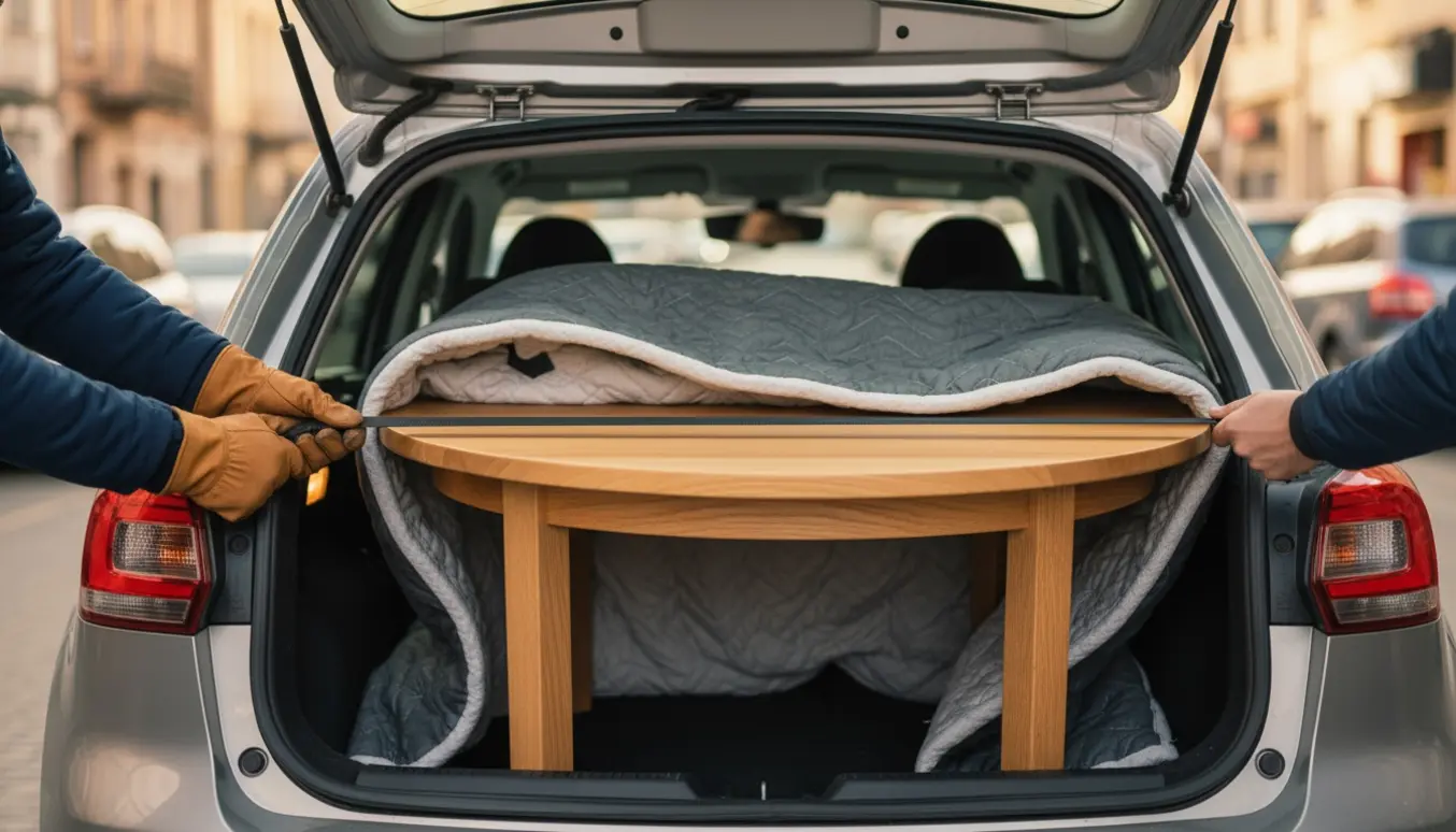 Et rundt egetræsbord pakket i flyttetæpper læsses ind i bagagerummet på en åben hatchback.