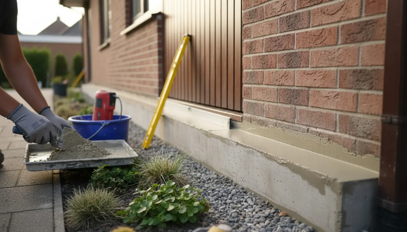 Hænder pudser soklen på et ældre hus med frisk våd puds og glat finish.
