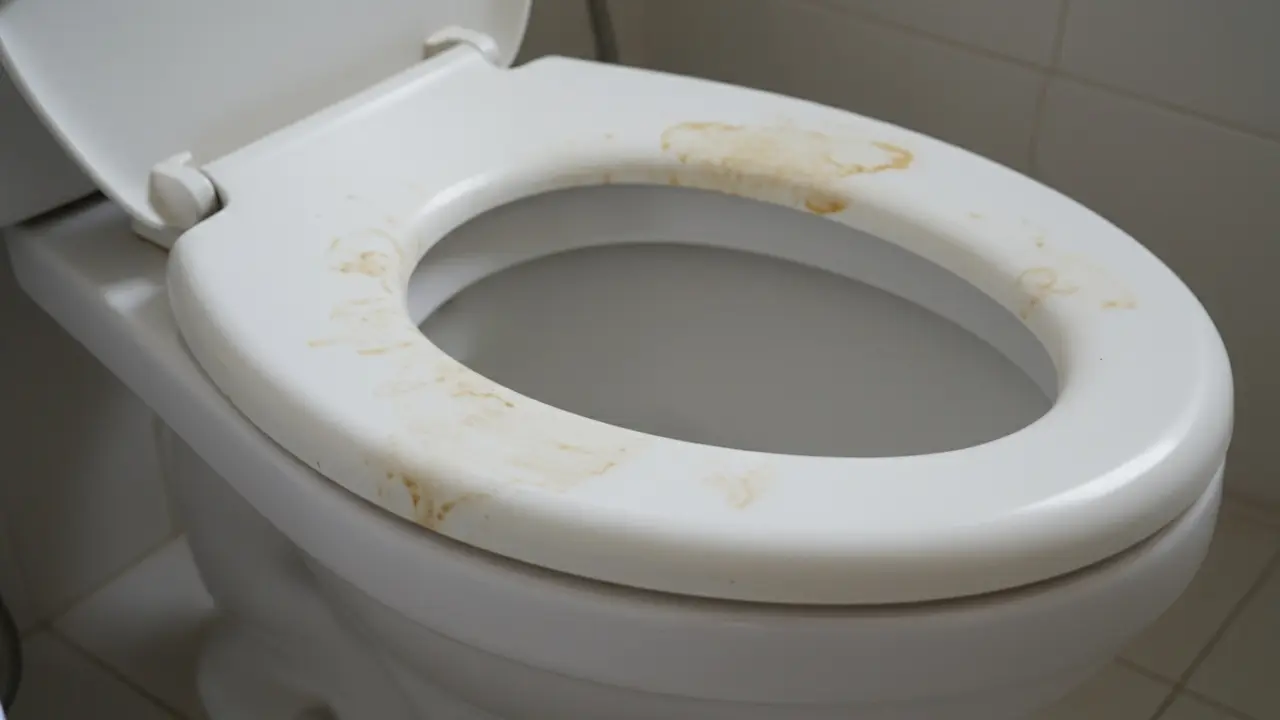 Tæt billede af toiletbræt med synlige gule pletter