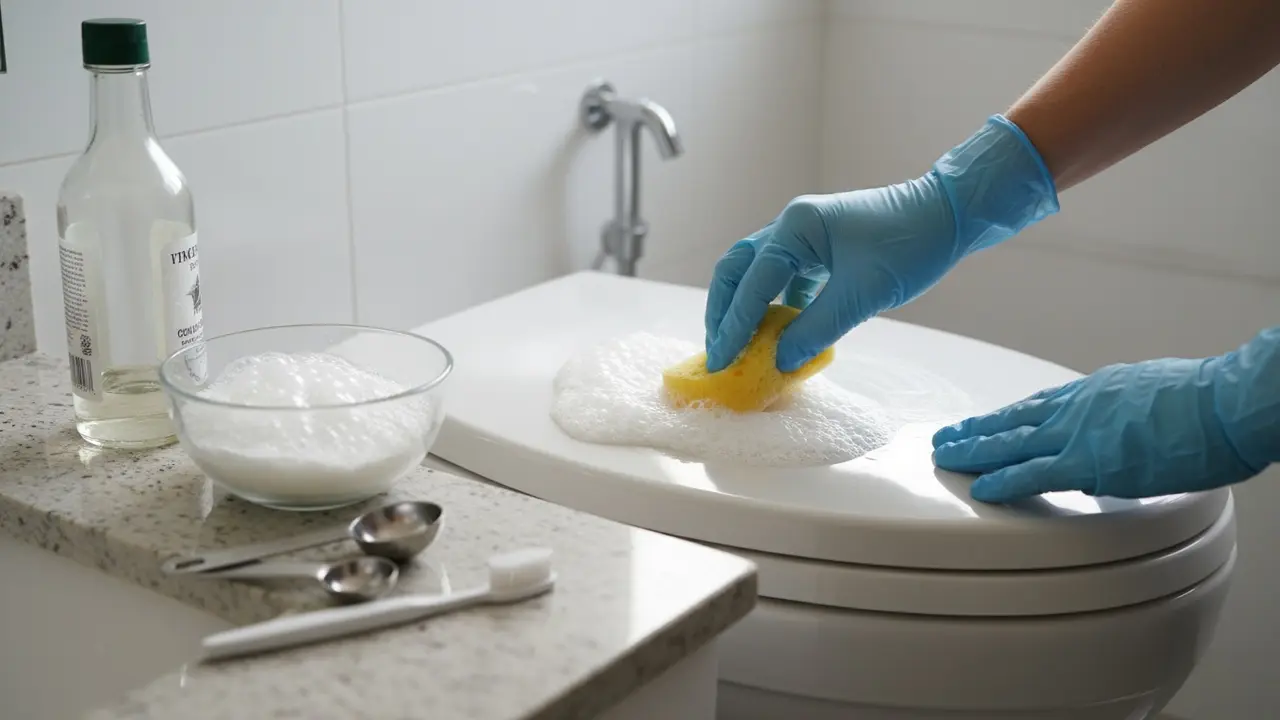 Person påfører bagepulver-eddike pasta på toiletbræt med blød svamp