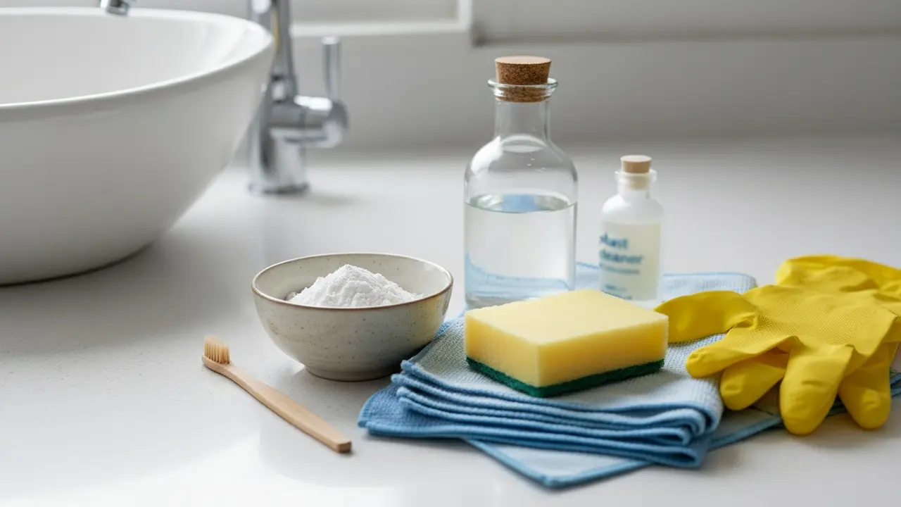Oversigt over rengøringsmidler: bagepulver, eddike, svamp, tandbørste og klude