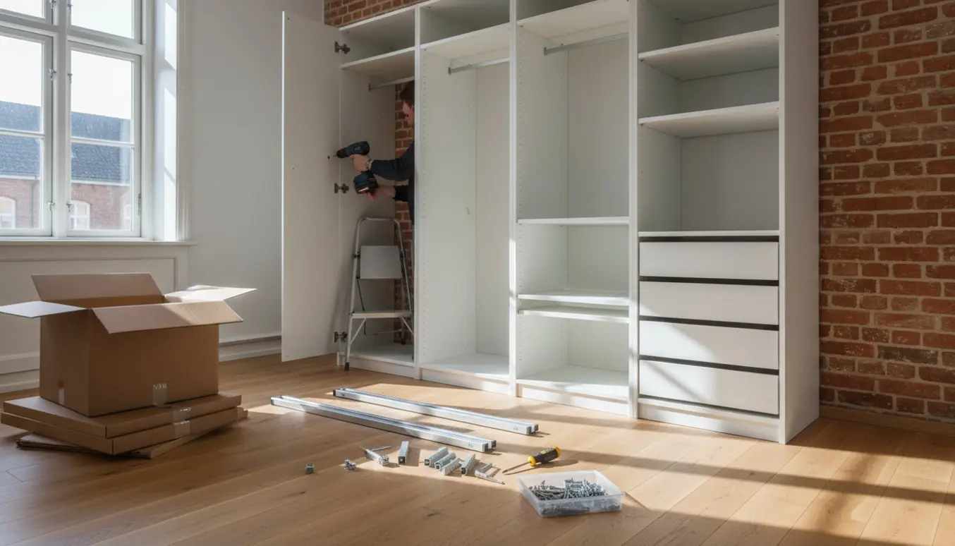 Delvist samlet IKEA PAX-garderobe i en lys Nørrebro-lejlighed med værktøj og dele klar til montering.