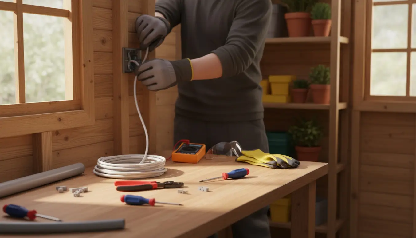 Hænder installerer el i et lille træskur med kabelruller og værktøj på et arbejdsbord.