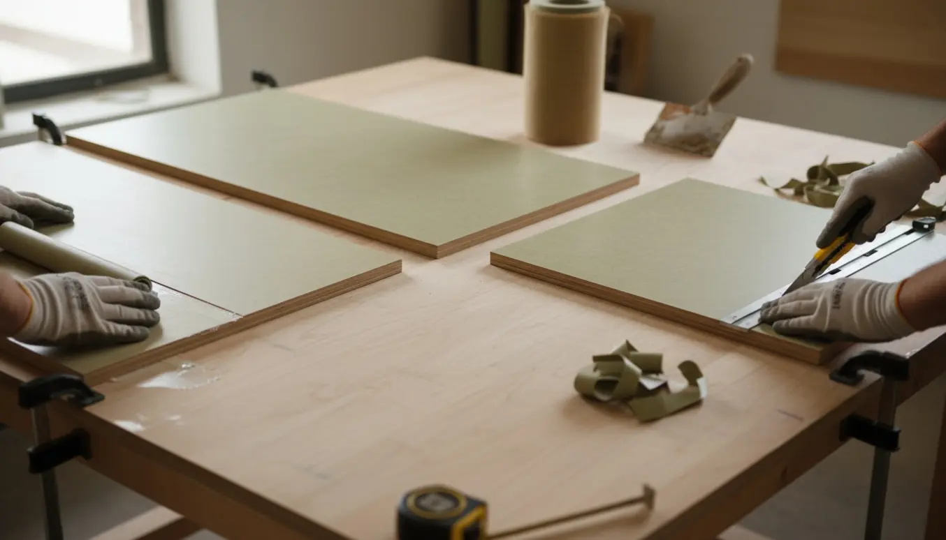 Tre bordplader dækkes med linoleum i et solrigt værksted, hænder glatter materialet ud med en rulle.