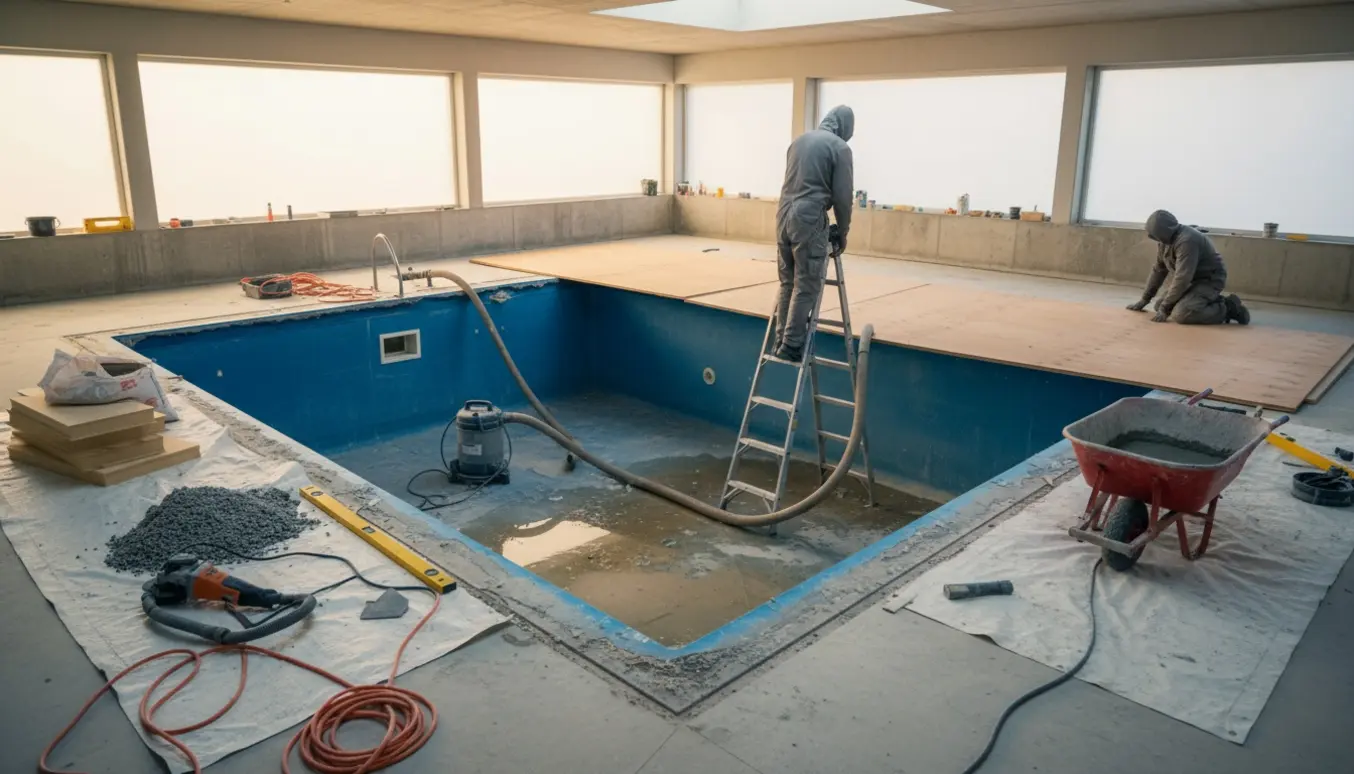 Indendørs glasfiberpool tømt og afdækket med pumper, plader og byggematerialer klar til gulvlægning.