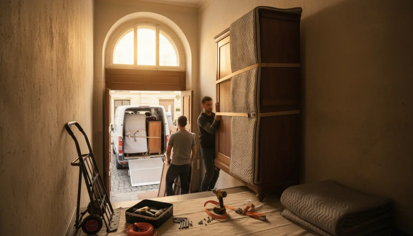 To personer bærer et adskilt karlekammerskab op ad en smal trappe, med flyttetæpper, dolly, værktøj og en flyttebil i baggrunden.
