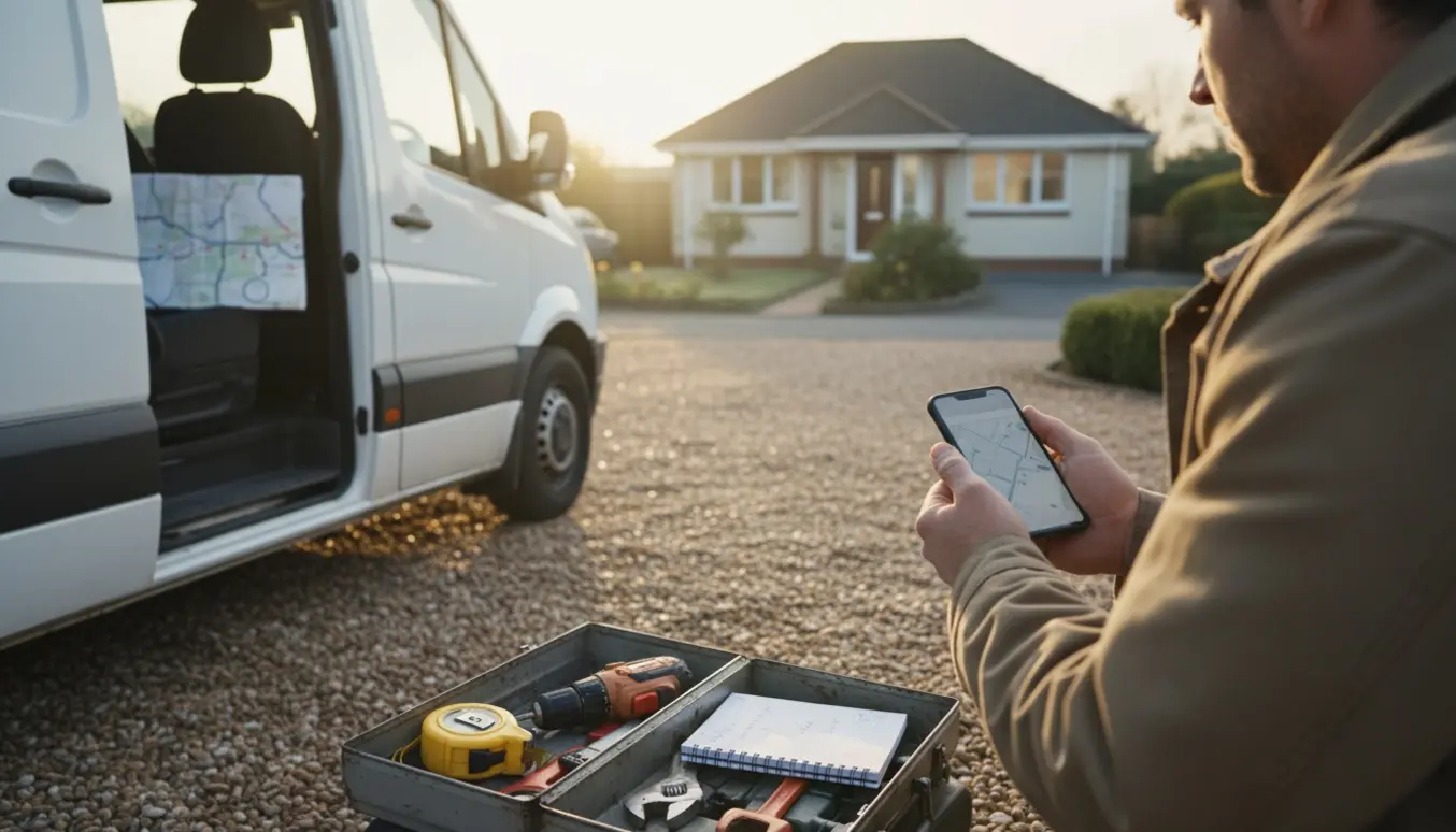 Håndværker ved en åben arbejdsbil gennemgår rute og værktøj til en mindre opgave i indkørslen.