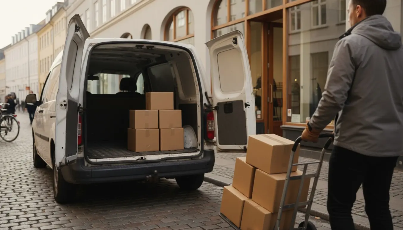 En person triller otte små papkasser på en tralle foran en butik i København.