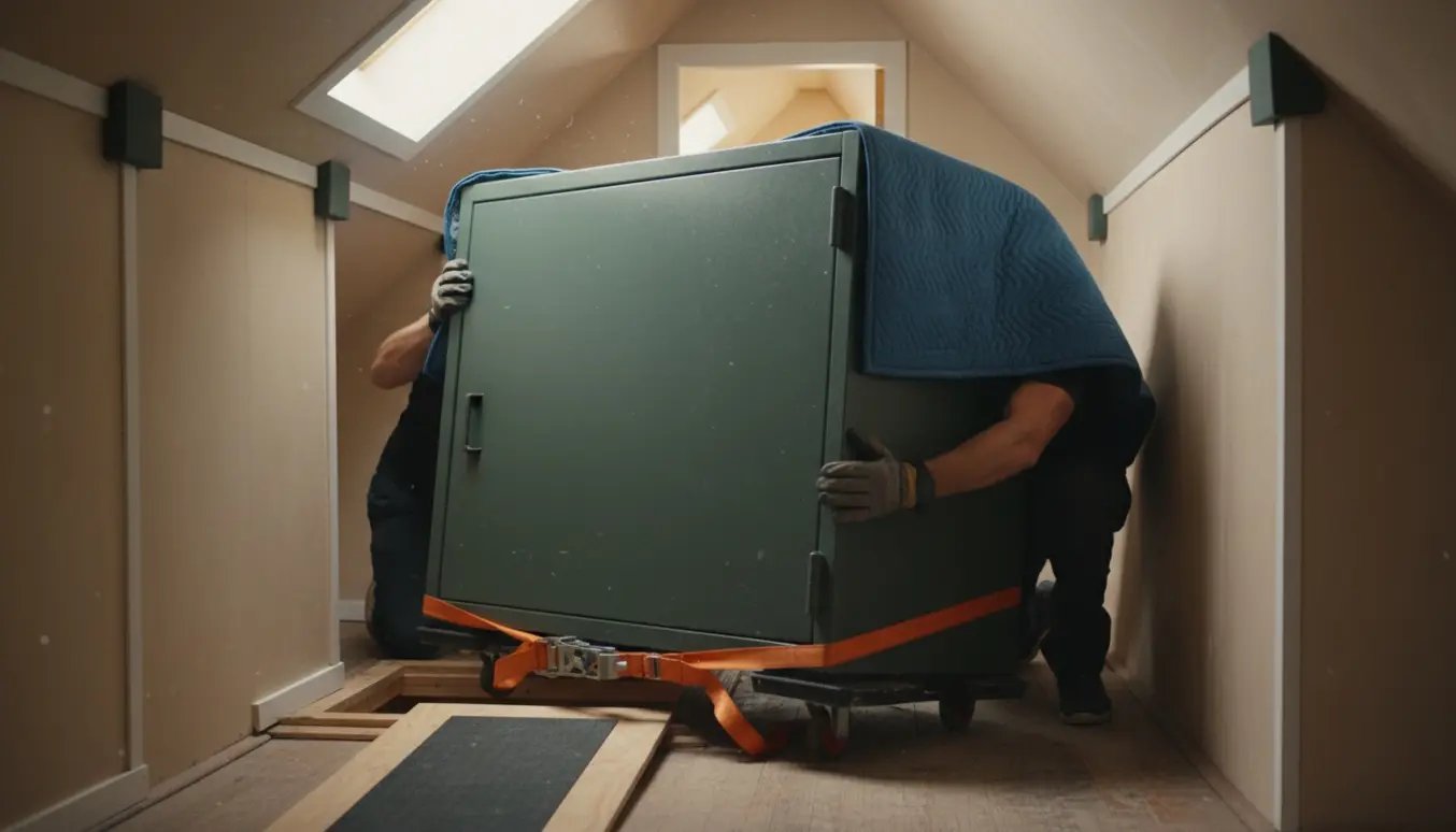 To personer manøvrerer et tungt jagtskab rundt om et hjørne i et loftsrum.