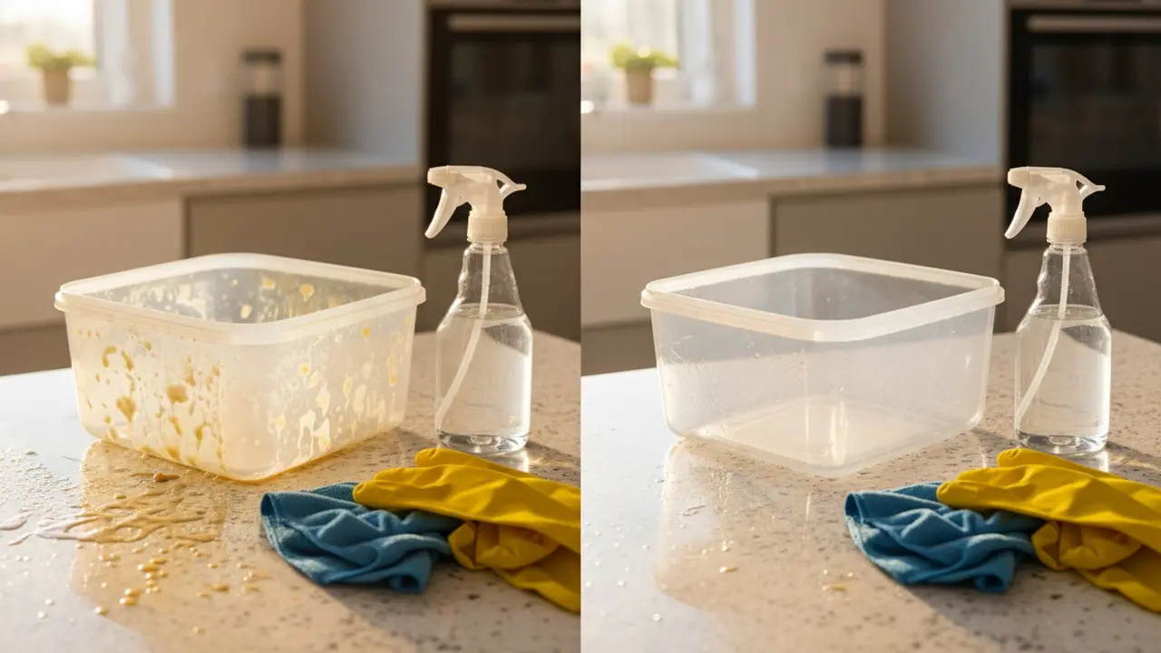 Fedtede og rengjorte plastikoverflader i et køkken, før og efter rengøring