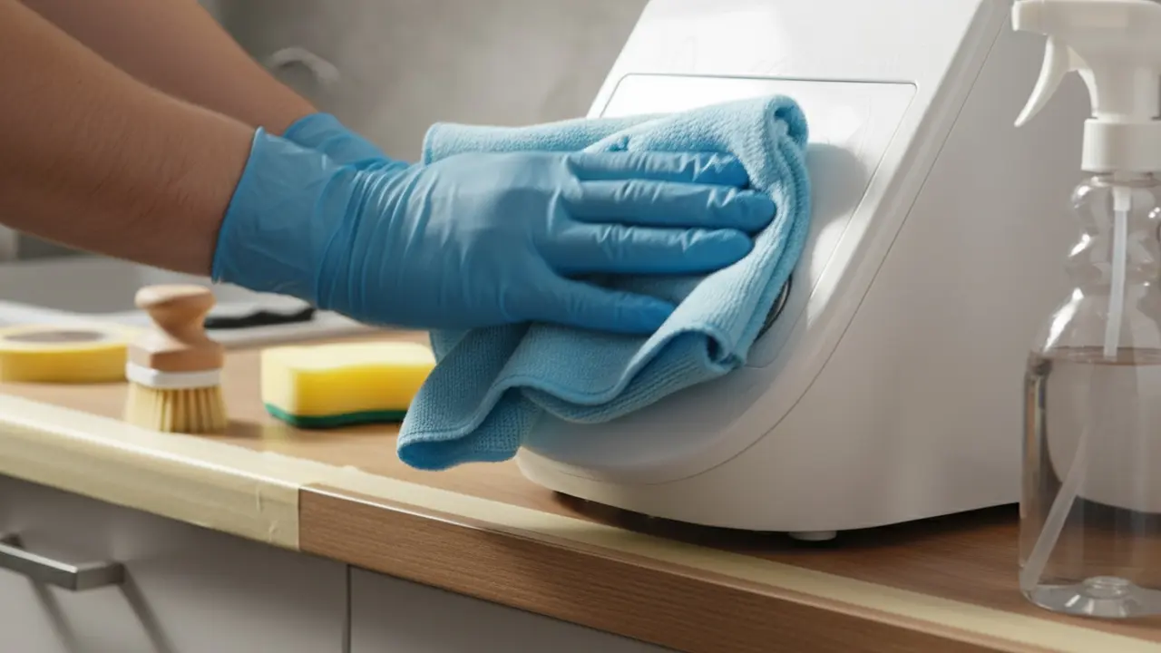 Person affedter plastikoverflade med mikrofiberklud, malertape beskytter tilstødende områder