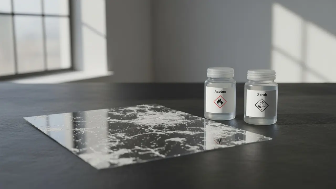 Skadelige rengøringsmidler (aceton, skurecreme) ved siden af beskadiget plastik med matte pletter