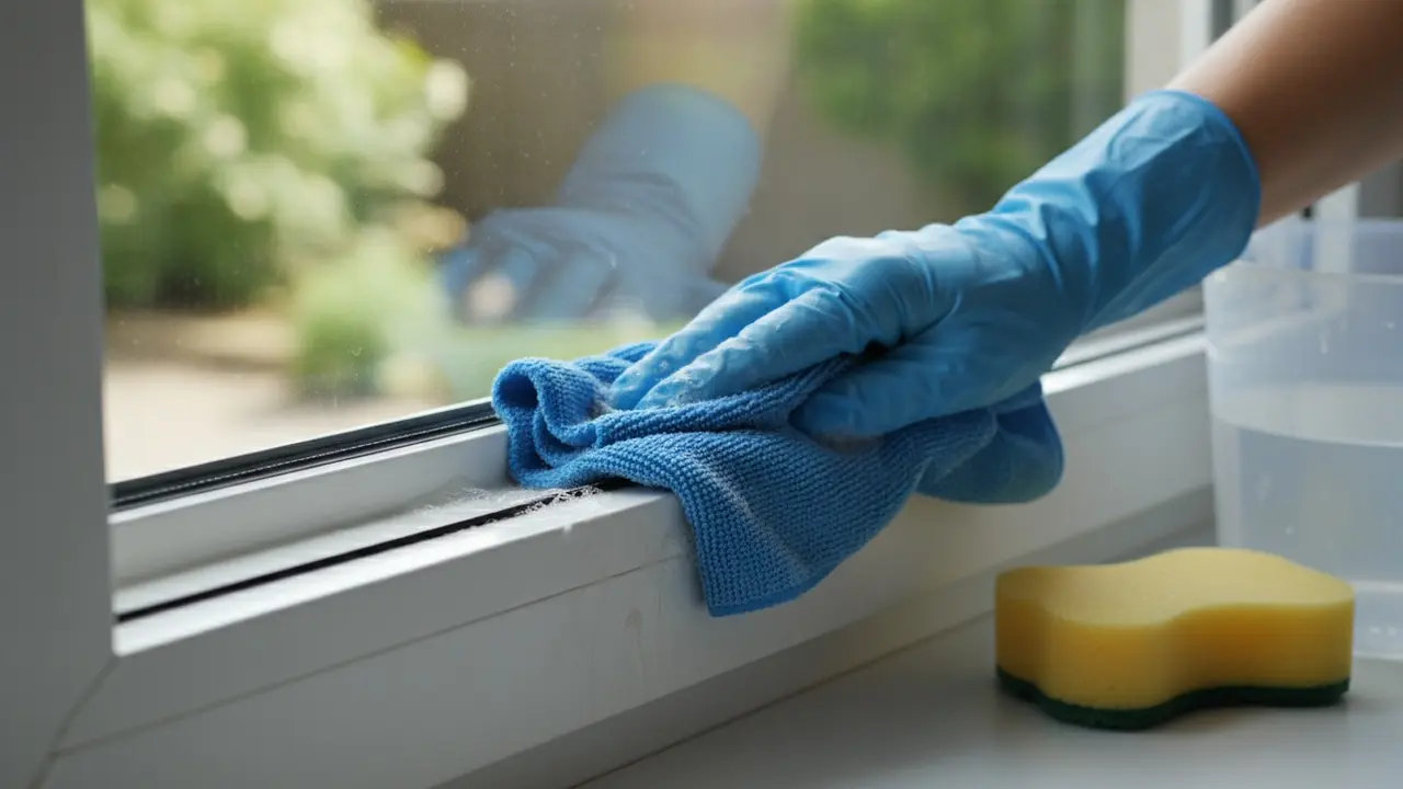 Person med handsker pudser aluminiumsramme med mikrofiberklud i cirkulære bevægelser