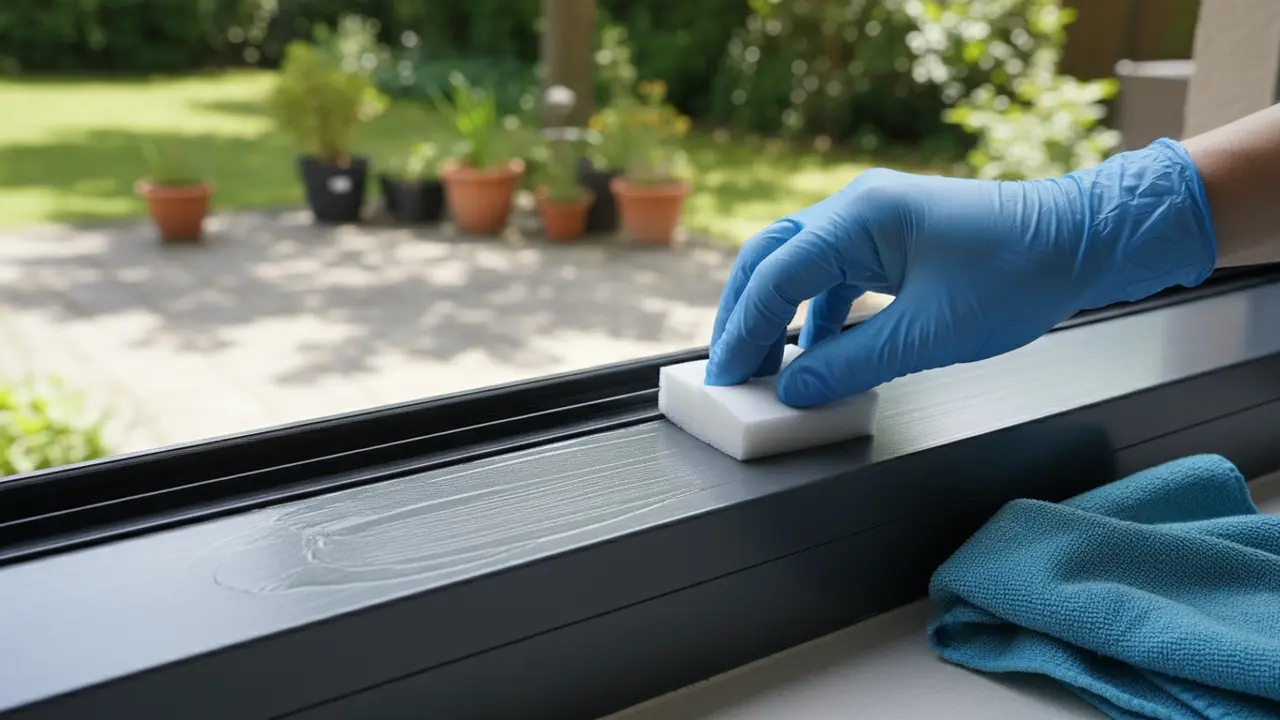 Hånd med handsker påfører farveløs aluminiumsvoks med skumpude på vinduesramme