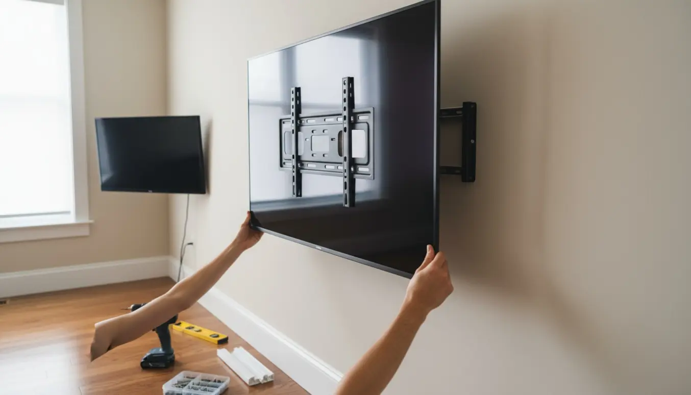 Hænder monterer et større fjernsyn på væggen, mens et mindre tv stadig sidder i sit beslag.