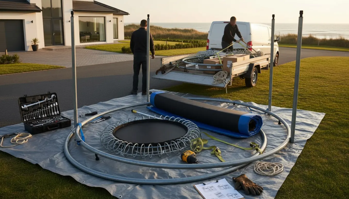 Værktøj og dele ved en trailer mens teknikere nedtager og laster en stor trampolin i indkørslen.