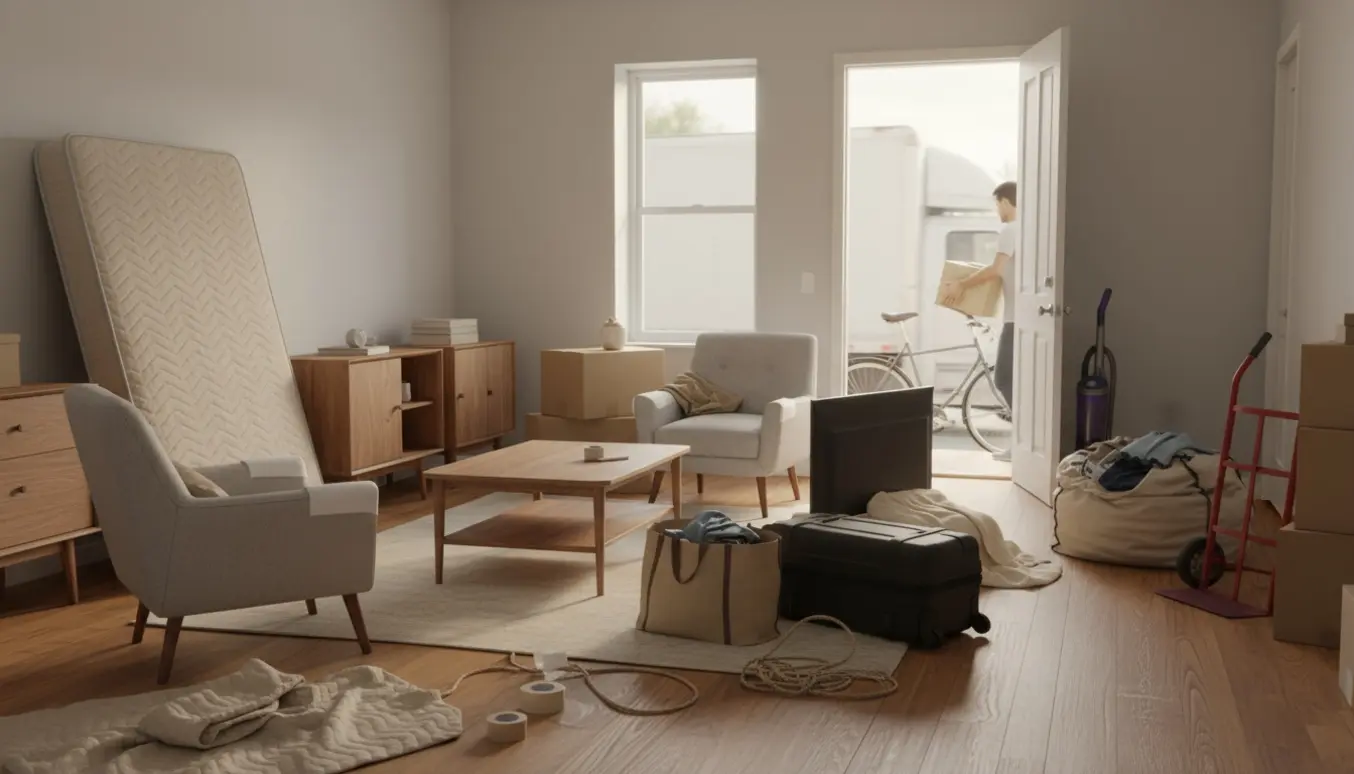 Lys lejlighed midt i en flytning med møbler, flyttekasser, tasker og cykel klar ved døren.