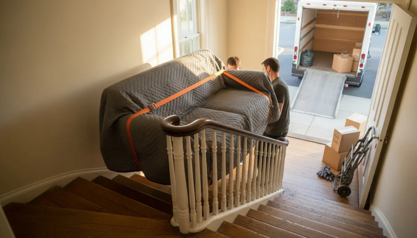 To personer bærer en pakket topersoners sofa ned ad en trappe mod en ventende flyttevogn.