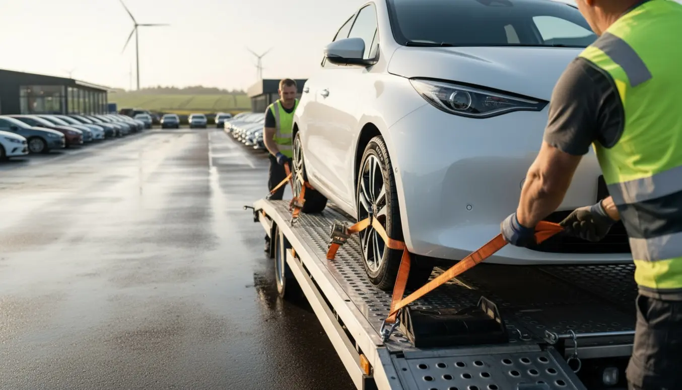 Ny bil fastspændt på en autotransporter på en bilforhandlers parkeringsplads, klar til transport til Thisted.