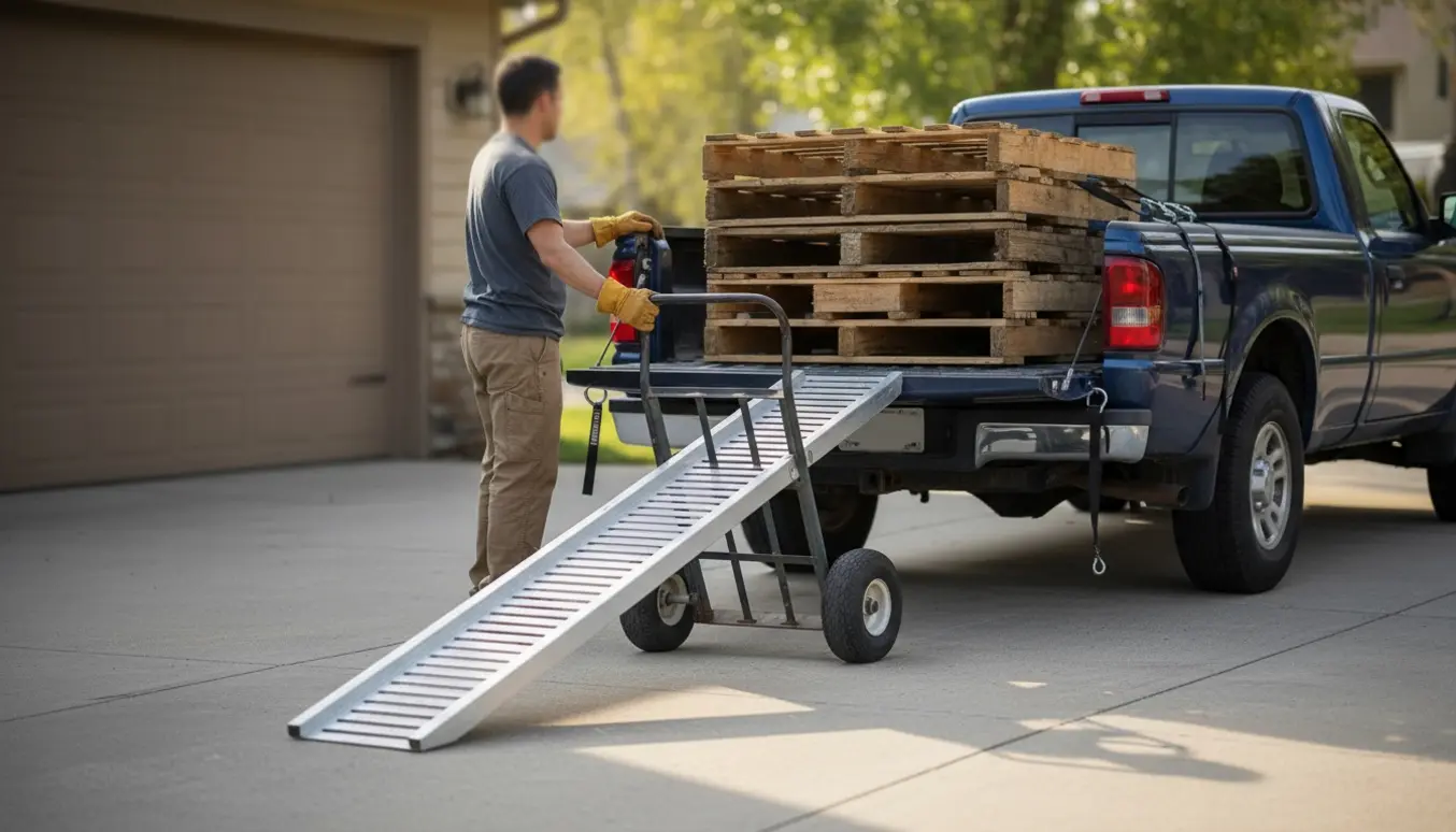 En pickup på indkørsel læsser flere træpaller, mens arbejdshænder i handsker løfter en palle.