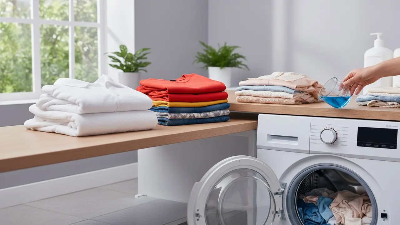Sorterede bunker tøj ved siden af en vaskemaskine mens der hældes vaskemiddel op