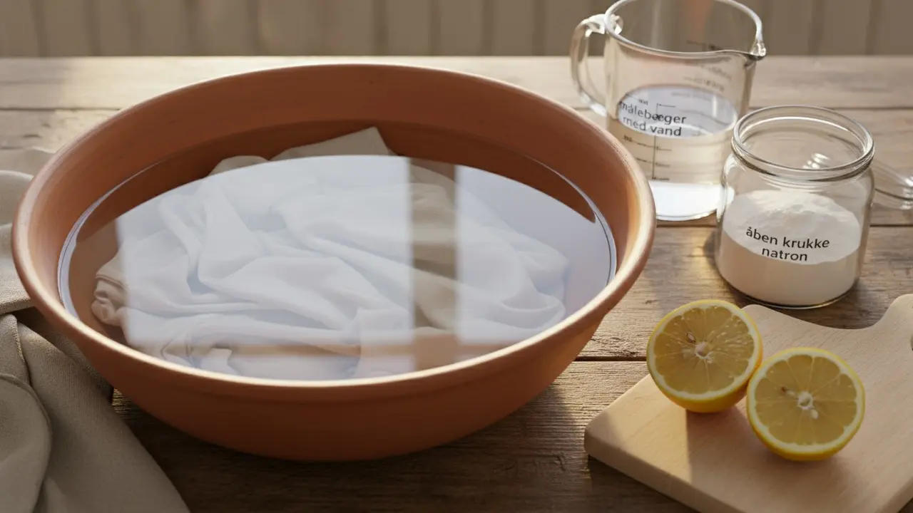Skål med hvid eddike-blanding hvor en hvid bomuldsskjorte ligger i blød med natron og citron ved siden af