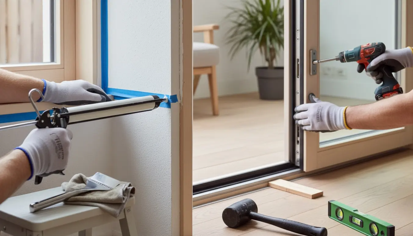 Hænder med fugepistol tæt på to trævinduer og justering af en terassedør med skruetrækker.