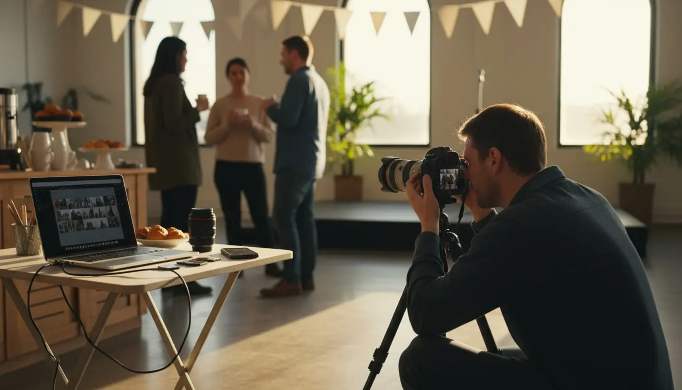Fotograf tager markedsføringsbilleder ved et morgenarrangement med blødt gyldent lys og slørede deltagere.