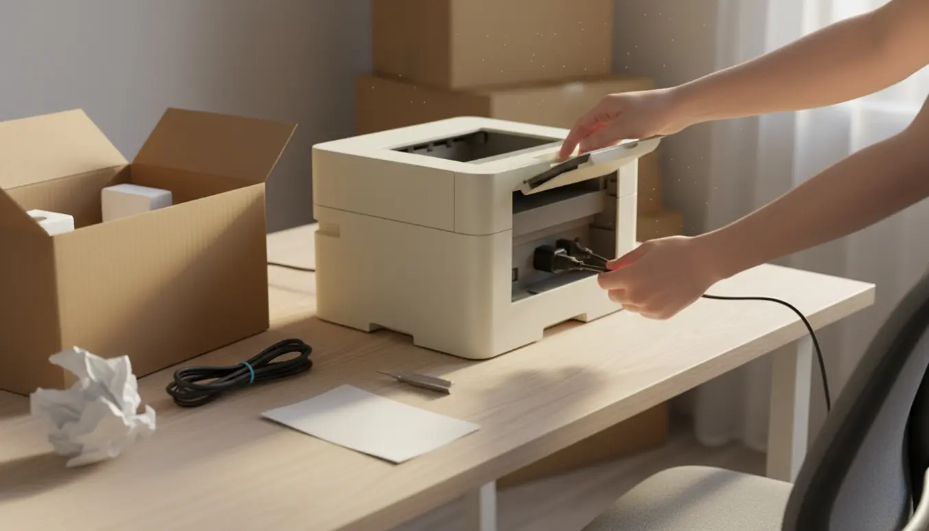 Hænder tilslutter kabler til en ny printer på et skrivebord efter flytning.