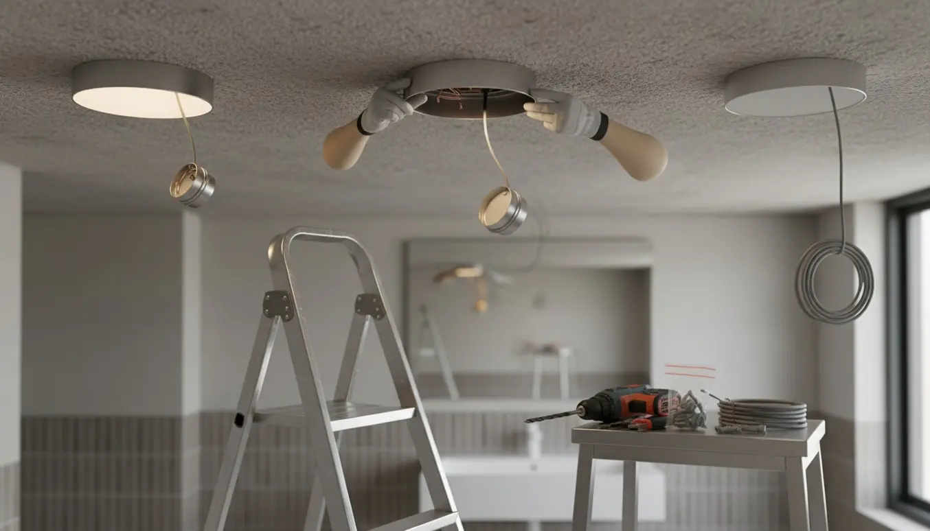 Hænder installerar tre loftslamper i et badeværelse med synligt kabel og betonloft.