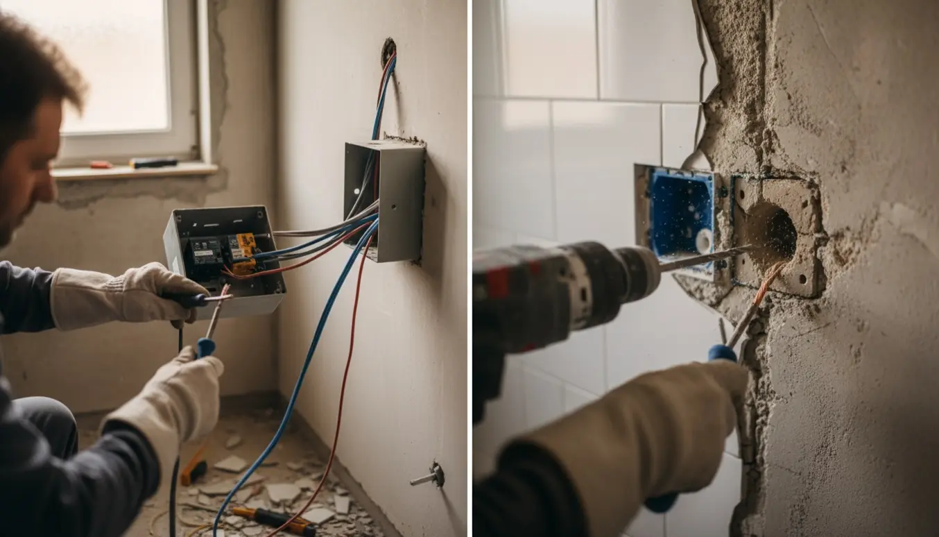 Elektriker monterer stikkontakter og nyt relæ i badeværelse med boring i beton og kabler ført til entréen.