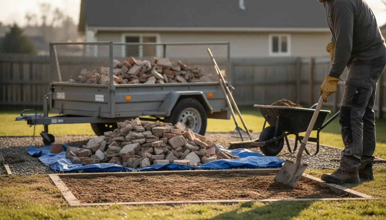 Trailer fyldt med murbrokker og en arbejder, der skovler og fjerner det øverste jordlag ved et hus.