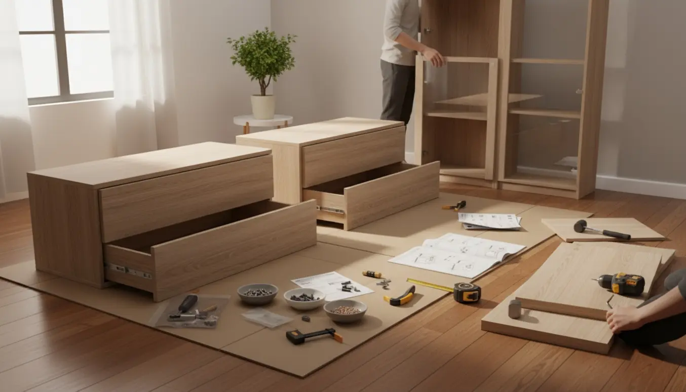 To personer samler kommoder og en reol i en lys stue med værktøj, instruktioner og dele på gulvet.