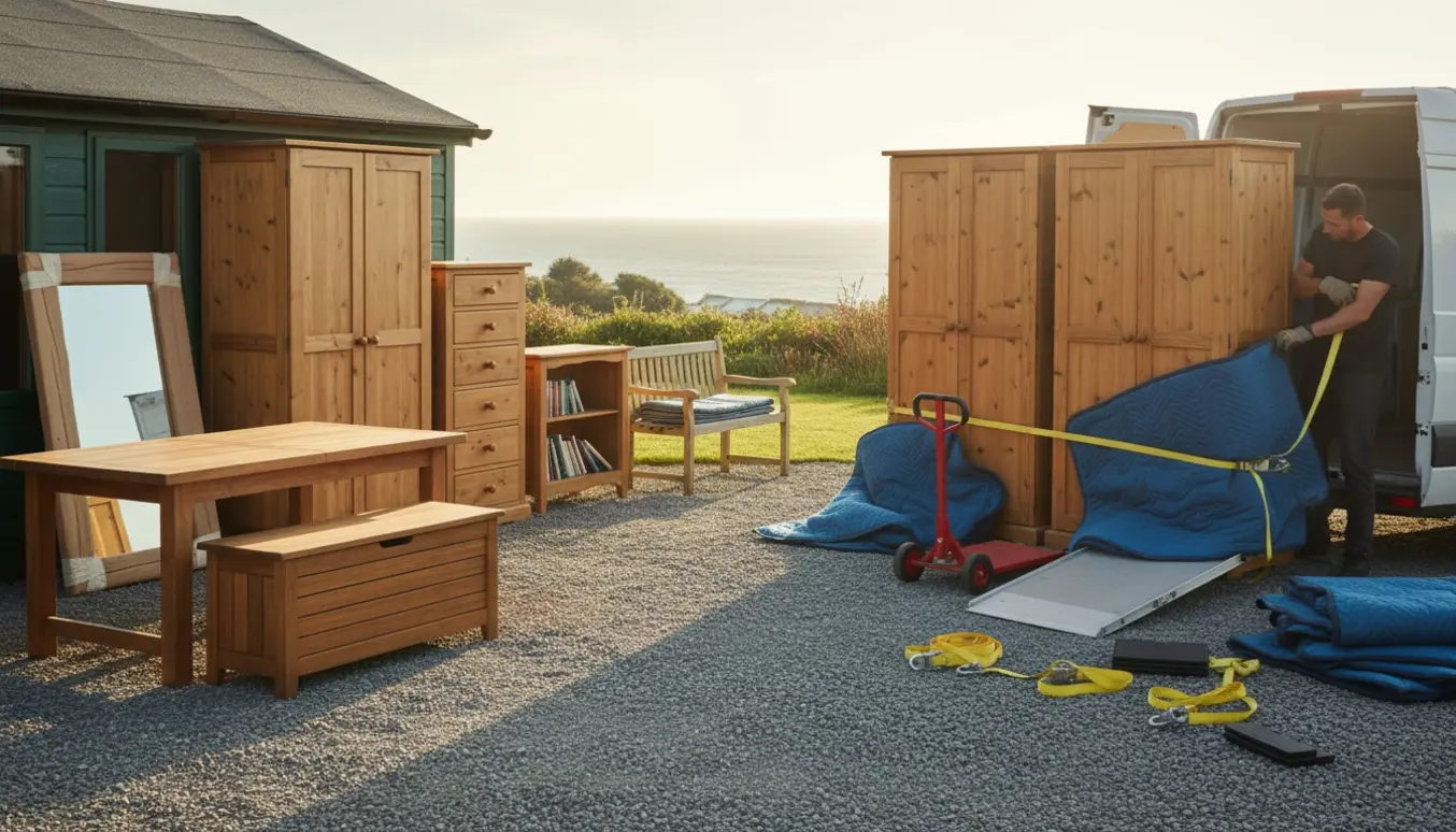 Møbler fra et sommerhus pakket og klar ved varevognens rampe på en kystnær indkørsel.