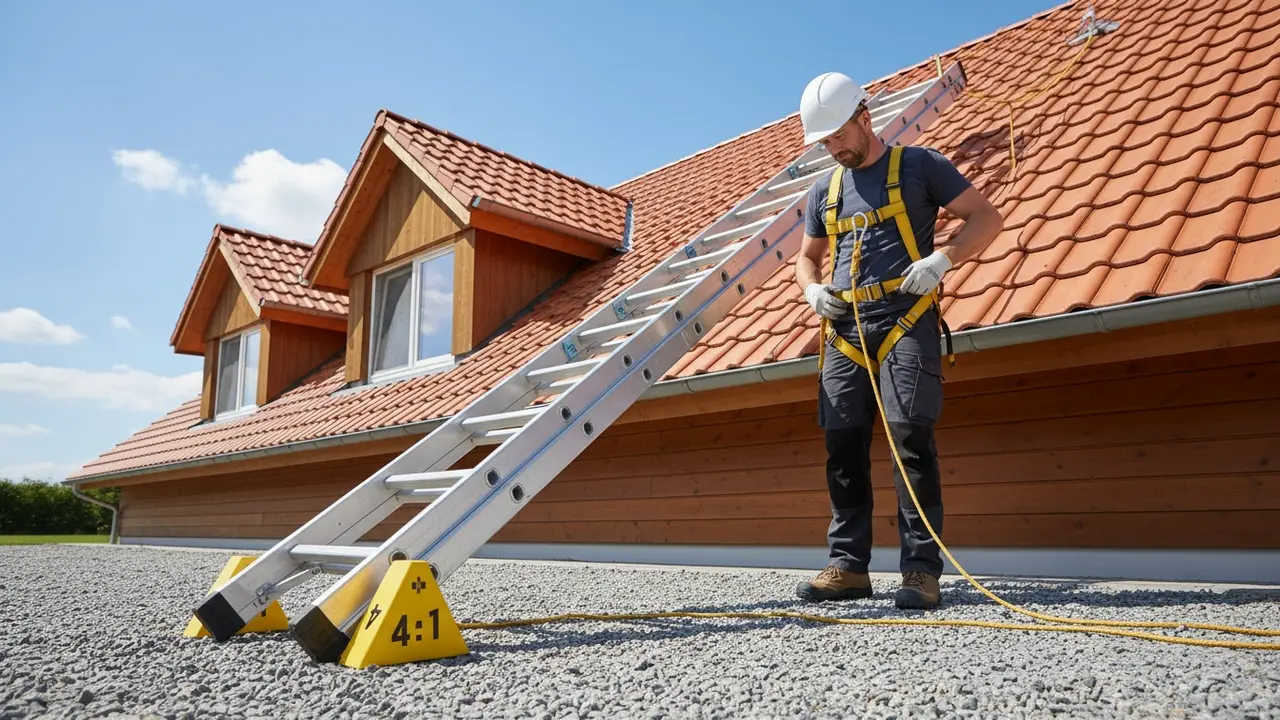 Person opstiller stige korrekt med 4:1 vinkel og fastgør sikkerhedsline ved tag