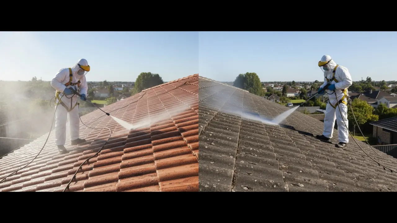Splitbillede: hedvandsrensning med blid damp på venstre og højtryksrensning på højre side af tag