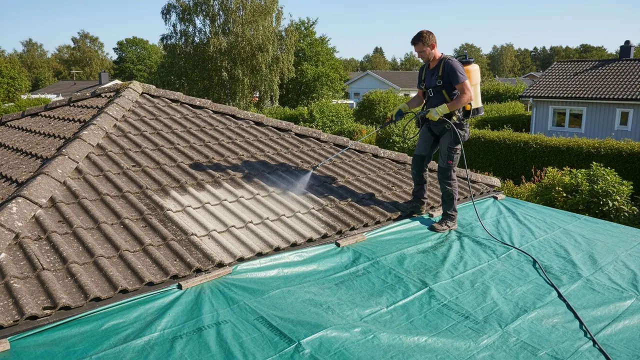 Tekniker på tag sprayer algebekæmpelse jævnt nedad og dækker planter med presenning