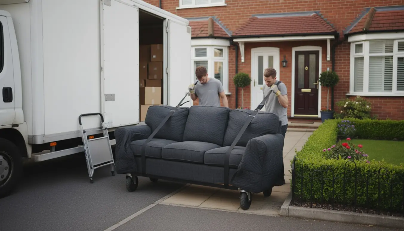 To personer flytter en tung sofa fra parkeringspladsen ind mod et rækkehus med dolly og beskyttelsestæpper.